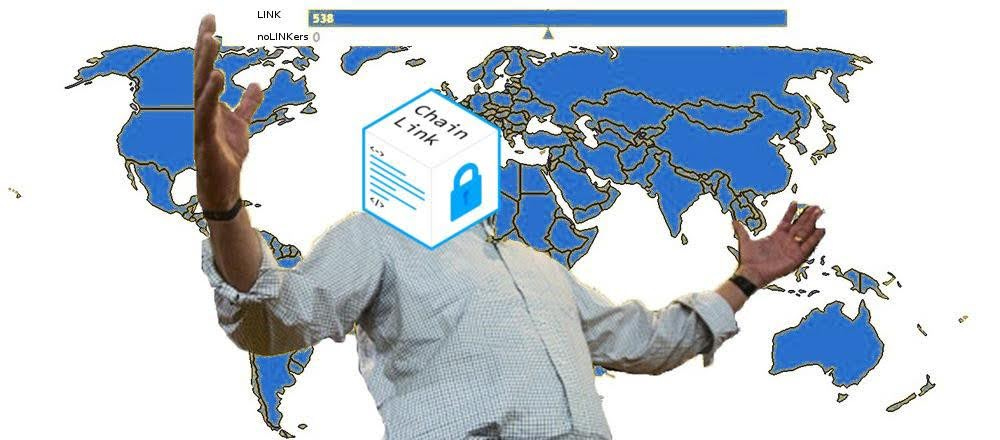 Jeb Bush with a Chainlink cube as a head standing in front of a world map captured by LINK instead of noLINKers