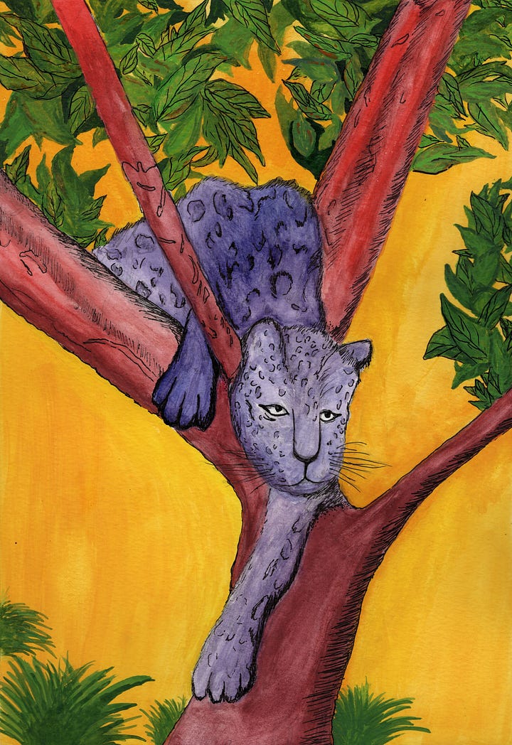 a purple tiger climbing a red tree against a yellow sky, and a human figure with a television set head climbing a heavenly staircase