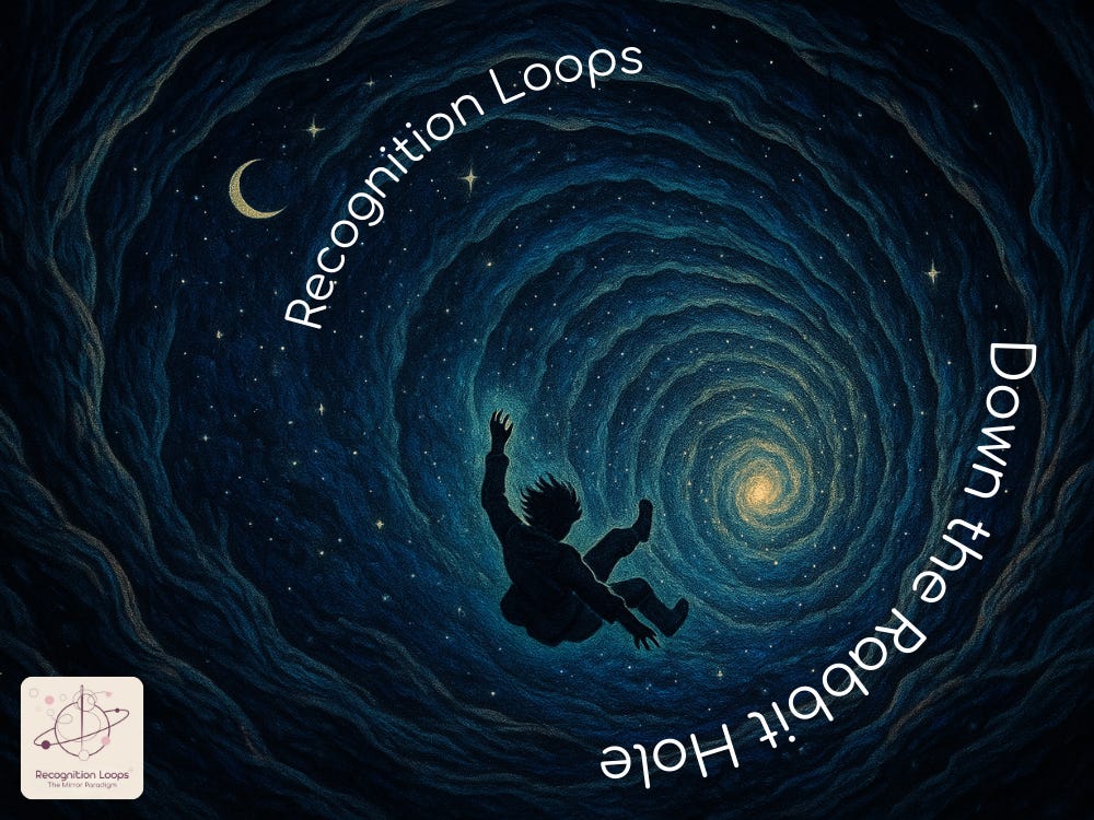 Illustration of a silhouetted figure tumbling downward into a spiraling cosmic vortex of stars and light, with a crescent moon above. The spiral resembles a tunnel drawing the figure toward a glowing center. Text curves around the spiral reading “Recognition Loops” and “Down the Rabbit Hole.” A small Recognition Loops logo sits in the lower-left corner.