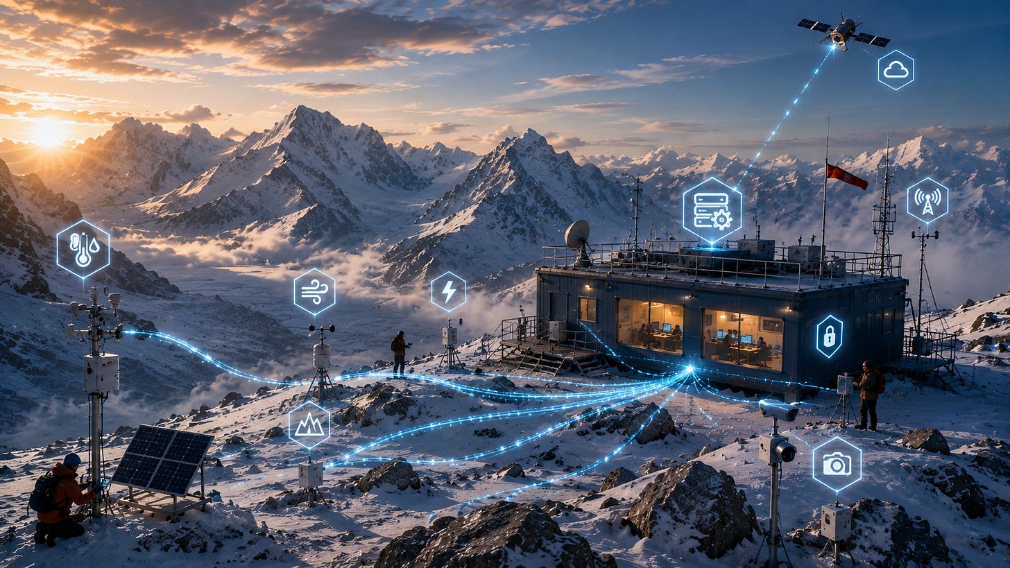 Remote mountain sensors process data locally at an edge station before syncing with the cloud. Remote mountain sensors process data locally at an edge station before syncing with the cloud.