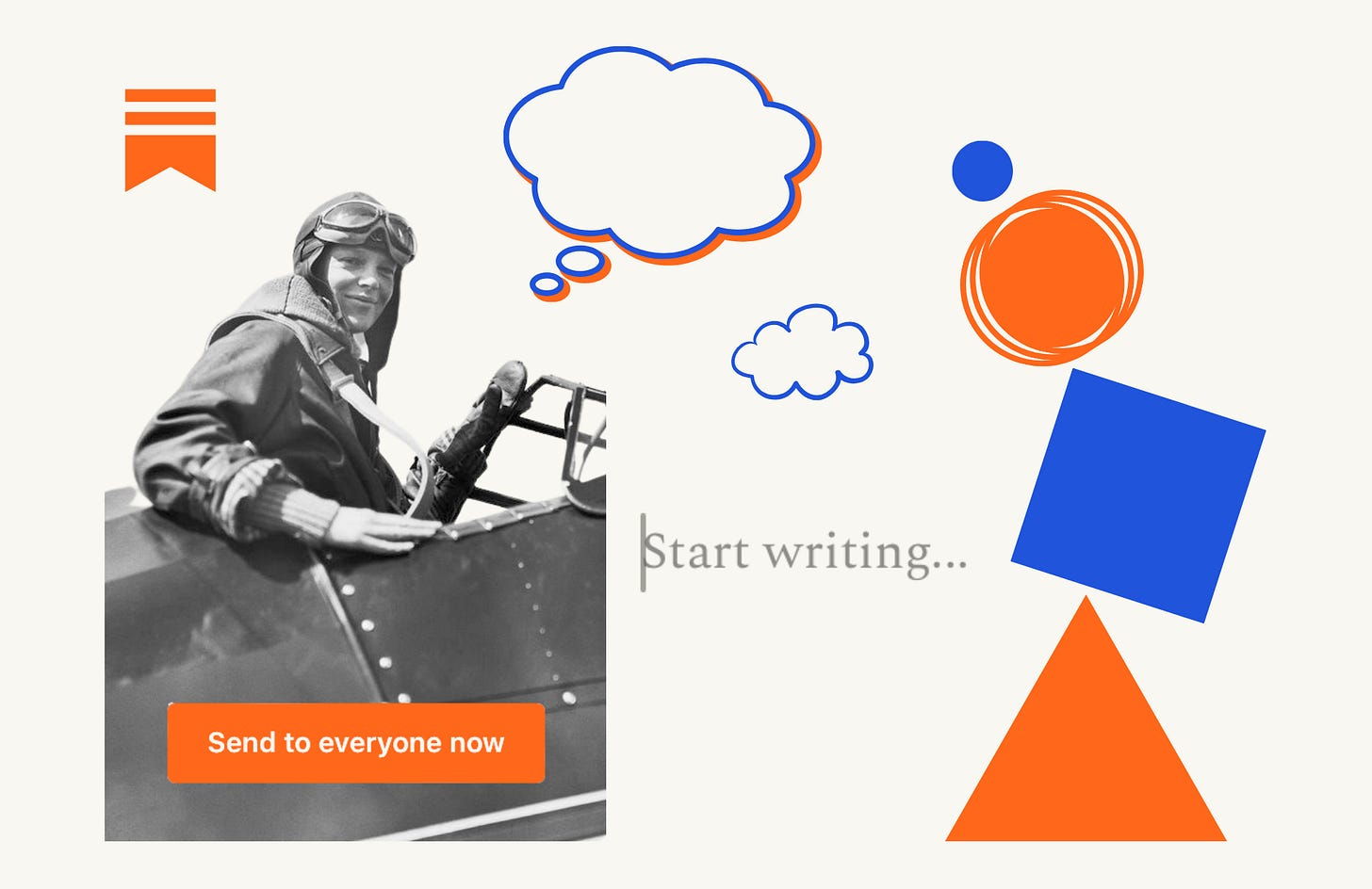 Collage of a vintage pilot in a plane with a “Send to everyone now” button, surrounded by colorful abstract shapes and thought bubbles — symbolizing the courage to start writing and share creative ideas publicly.