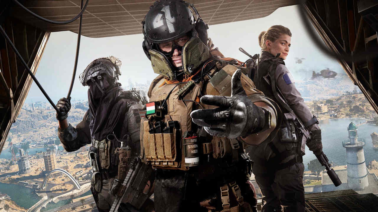 Three soldiers in the back of a military aircraft carrier with the door open in Warzone 2 Three soldiers in the back of a military aircraft carrier with the door open in Warzone 2