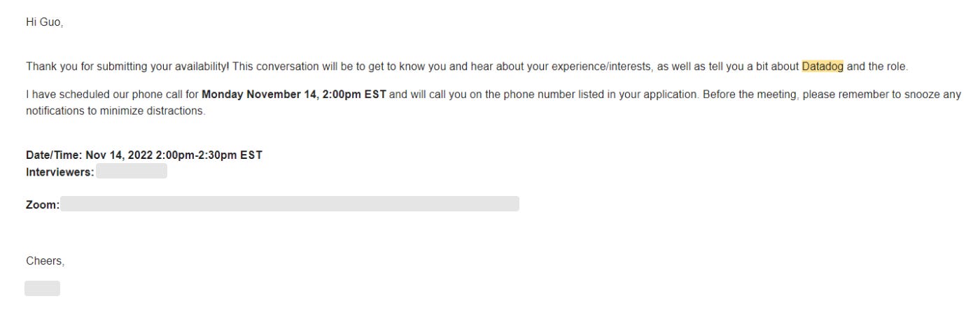 email from datadog recruiter informing me the call time & information
