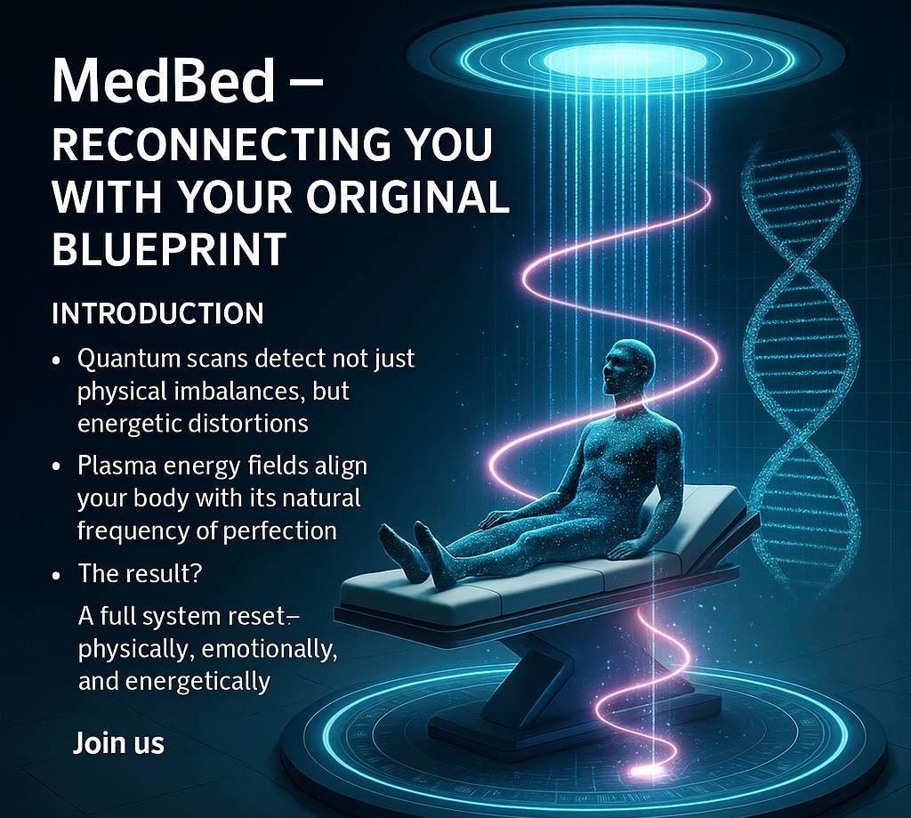AI-generated "MedBed" meme claiming it will "reconnect you with your original blueprint" with "quantum scans" that will detect "energetic distortions" and with "plasma energy fields" your body will "align" with it's "natural frequency of protection," leading to a "full system reset."