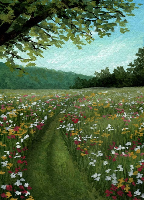 Painting 1:  A flower meadow landscape, Painting 2: A stone cottage surrounded by spring foliage, Painting 3: A field of daffodils with a brown cottage in the background