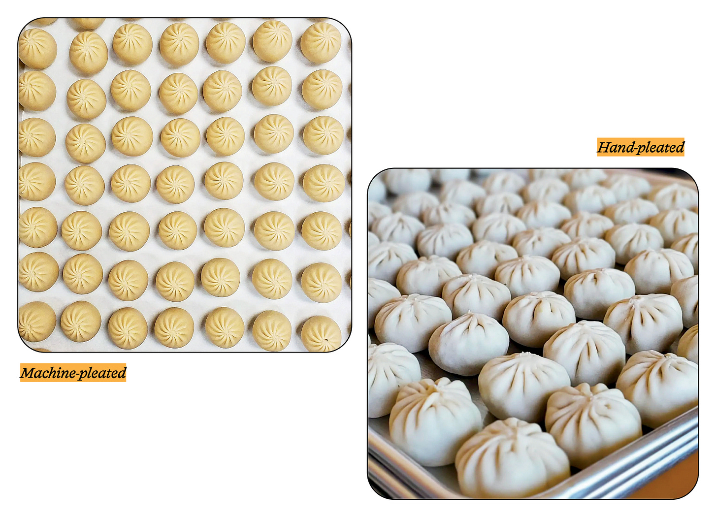 Overhead of machine-pleated momos on a tray next to a profile photo of hand-pleated momos on a tray
