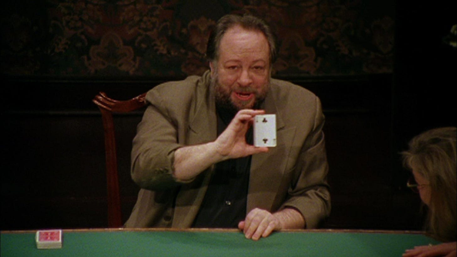 Illusionist Ricky Jay in his 1996 HBO special, Ricky Jay and His 52 Assistants.