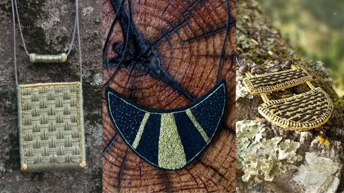 Three embroidered necklaces on felt in tones of black, gold and greens. Three embroidered necklaces on felt in tones of black, gold and greens.