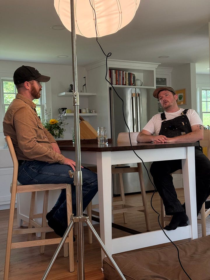 Two images of Ryan podcasting with farmers