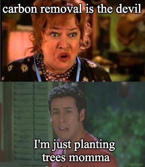 Two stills from The Waterboy. The mother: "carbon removal is the devil". Adam Sandler: "I'm just planting trees momma".