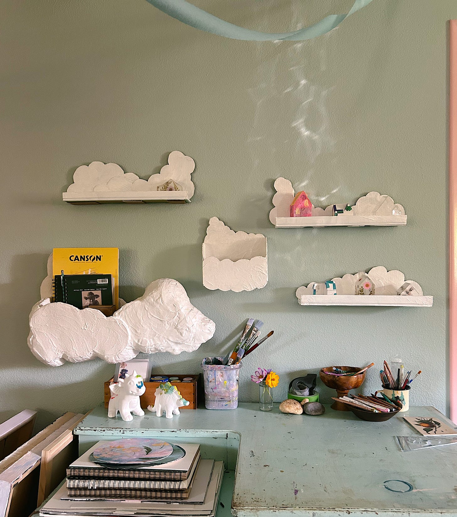 Vintage desk with cloud shelves over it Vintage desk with cloud shelves over it