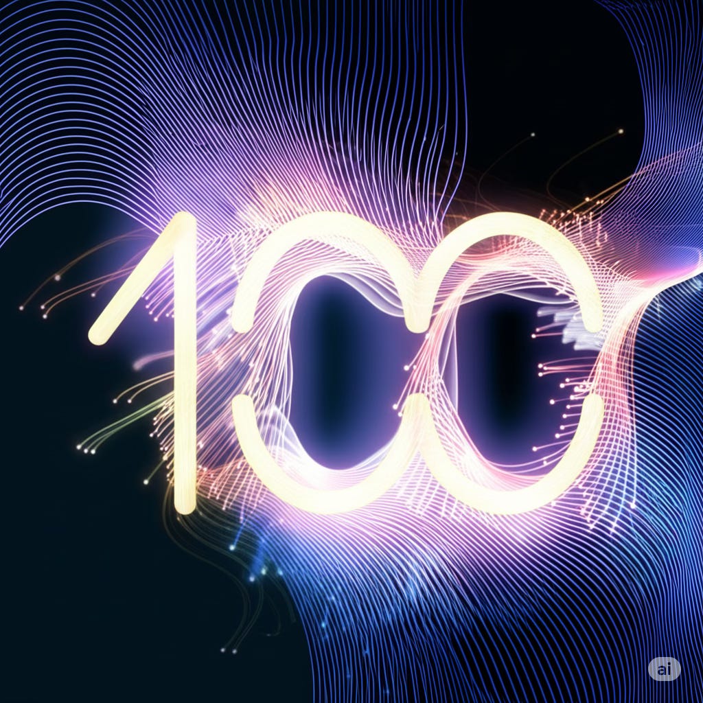 An abstract digital illustration of the number 100 glowing in warm yellow and pink light, surrounded by flowing, intersecting lines of blue and purple light on a dark background. An abstract digital illustration of the number 100 glowing in warm yellow and pink light, surrounded by flowing, intersecting lines of blue and purple light on a dark background.