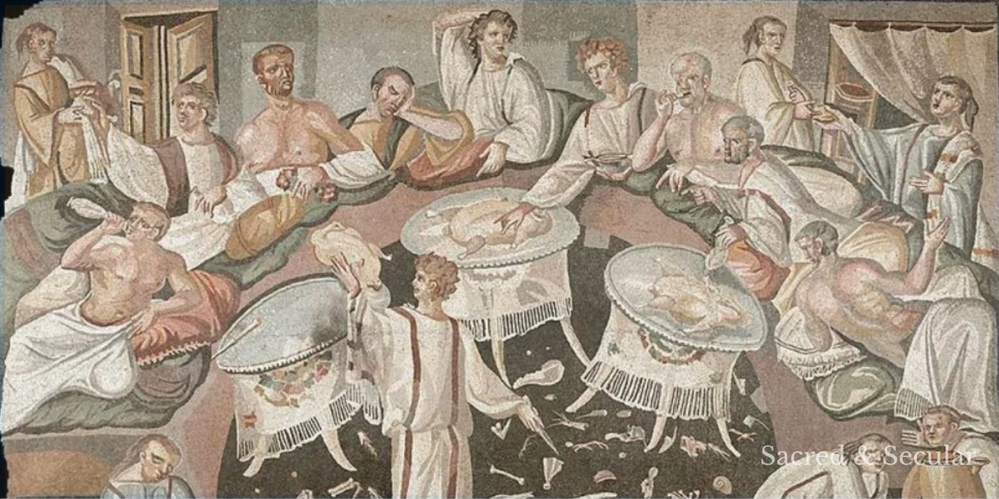 An ancient Roman mosaic depicting a banquet scene with diners, wine vessels, and festive imagery. An ancient Roman mosaic depicting a banquet scene with diners, wine vessels, and festive imagery.