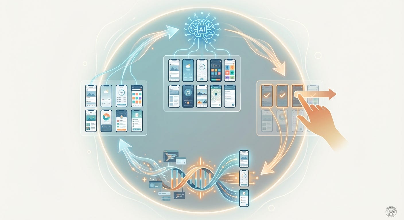 Circular workflow diagram: AI generates 100 UI variants, human designer swipes right on top 5, selected winners breed next generation, loop repeats infinitely, visualization of human-AI collaborative evolution for UX design, clean modern infographic Circular workflow diagram: AI generates 100 UI variants, human designer swipes right on top 5, selected winners breed next generation, loop repeats infinitely, visualization of human-AI collaborative evolution for UX design, clean modern infographic