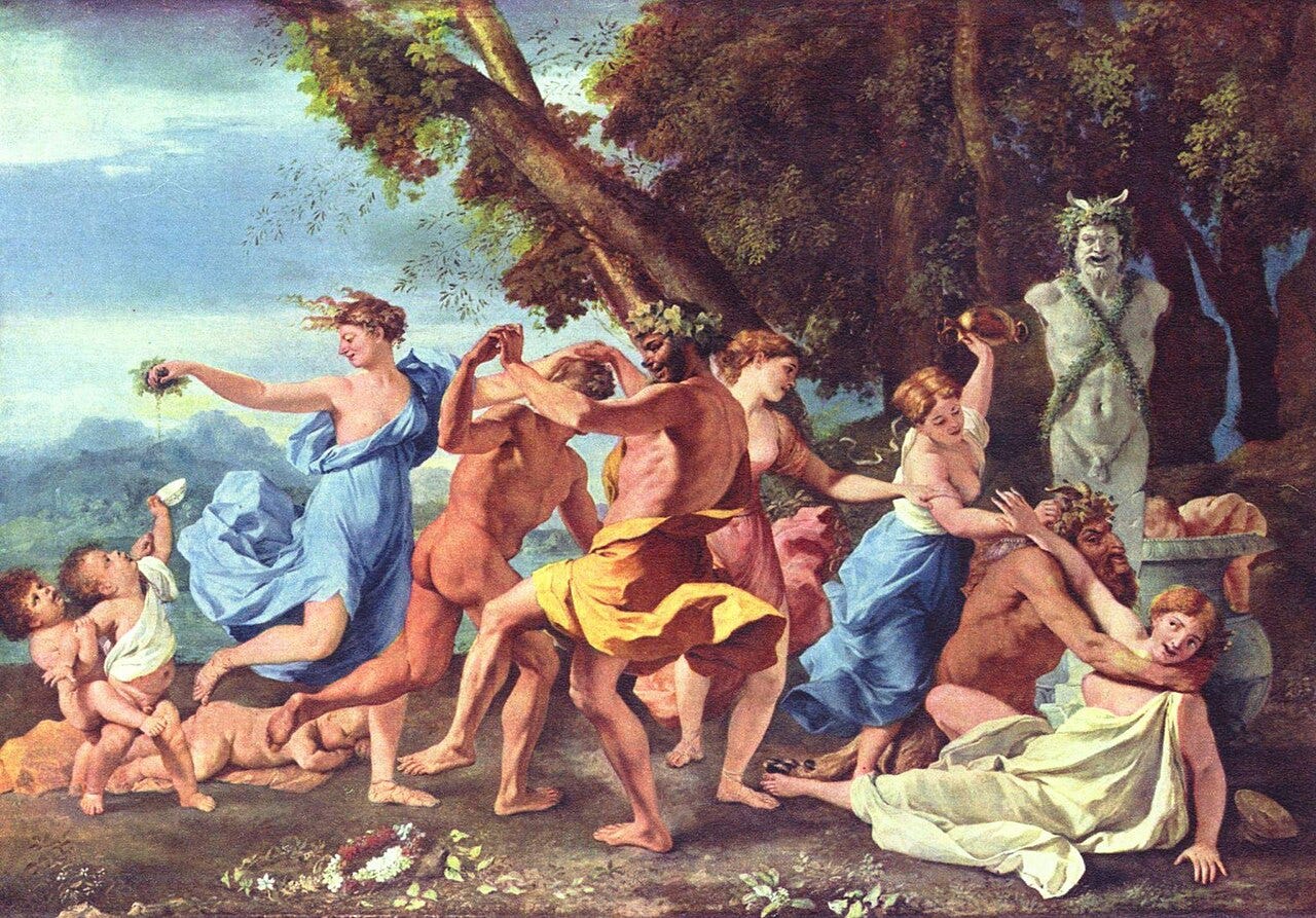 Nymphs and satyrs dancing before a stone garden god