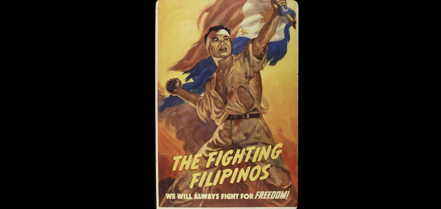 A WW2 propaganda poster depicting a Filipino guerilla throwing a grenade in the general direction of Japanese soldiers. The poster is titled: "The Fighting Filipinos: We will always fight for freedom!"