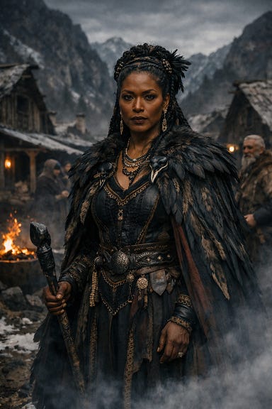 Chief Diegia standing in the village of Soldav, regal and commanding, deep bronze skin, high cheekbones, coiled crown-like hair with silver threads and raven feathers, wearing a raven-feather and mountain-wolf-fur cloak, burnished gold and ash-gray garments, obsidian talon clasp, standing amid torchlit wooden huts and snow, mist curling around her feet