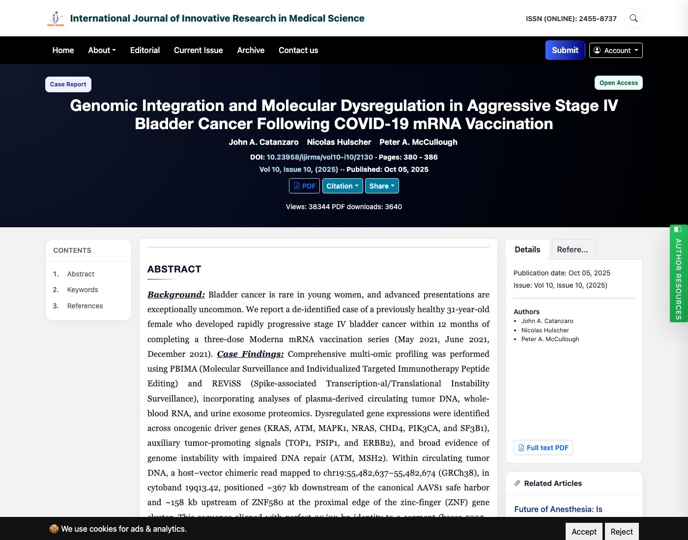 Receipt screenshot: genomic integration / molecular dysregulation case report page.