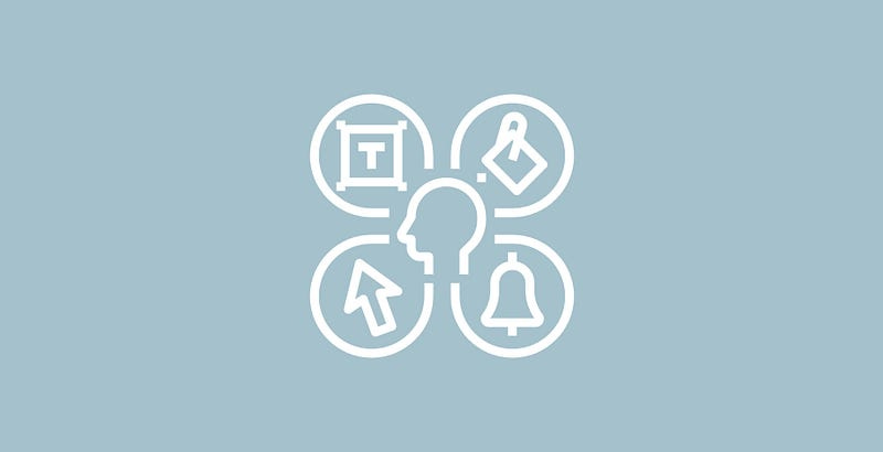 graphic icon of a human head surrounded by four other icons — a text box, a fill bucket, an arrow and a bell graphic icon of a human head surrounded by four other icons — a text box, a fill bucket, an arrow and a bell