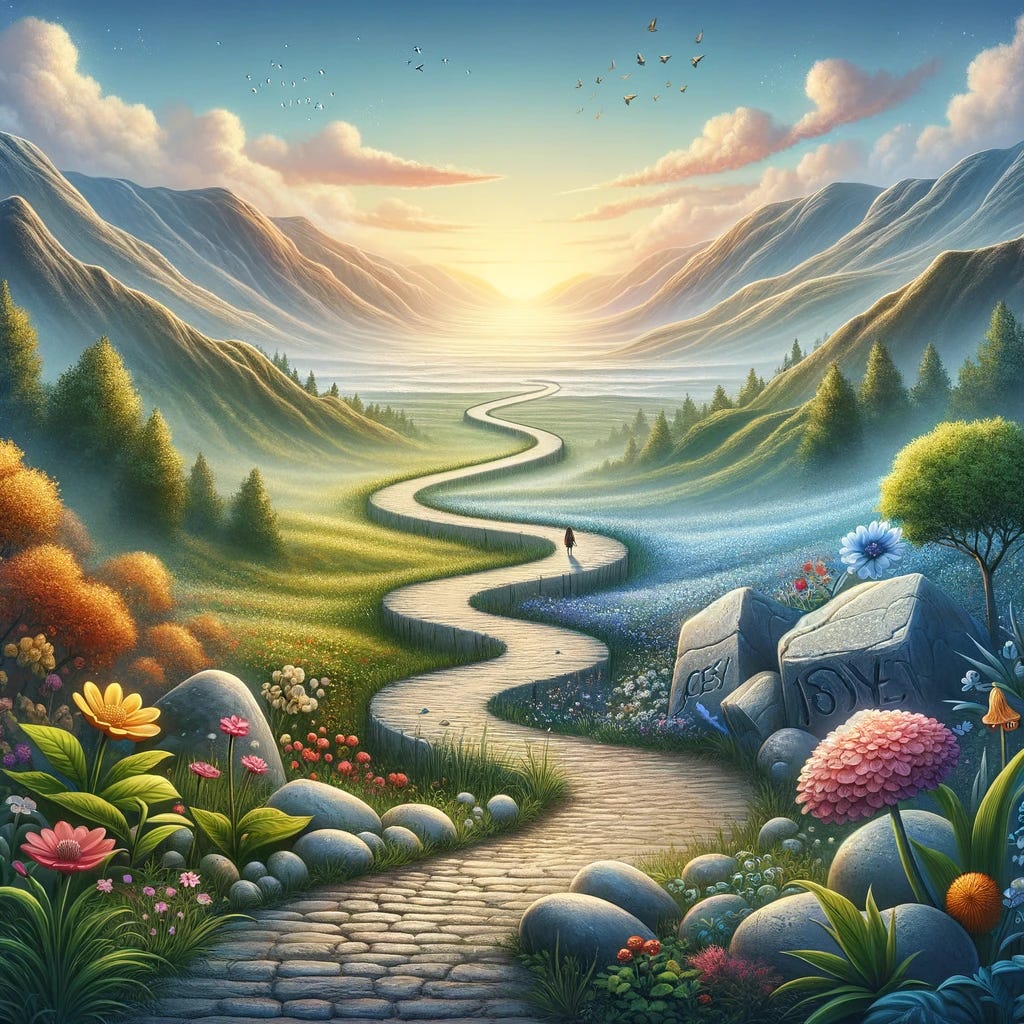 Create a captivating cover image for a post about the journey of life, emphasizing the importance of enjoying the process and finding happiness in the everyday. Visualize a path winding through a beautiful landscape, symbolizing life's journey. Along the path, include symbols of joy and challenges - like flowers blooming next to obstacles or stones. This path should lead towards a distant horizon, suggesting an ongoing journey rather than a final destination. The image should inspire viewers to embrace each step of their life's journey, recognizing the beauty and lessons in every moment, regardless of the challenges they face. Create a captivating cover image for a post about the journey of life, emphasizing the importance of enjoying the process and finding happiness in the everyday. Visualize a path winding through a beautiful landscape, symbolizing life's journey. Along the path, include symbols of joy and challenges - like flowers blooming next to obstacles or stones. This path should lead towards a distant horizon, suggesting an ongoing journey rather than a final destination. The image should inspire viewers to embrace each step of their life's journey, recognizing the beauty and lessons in every moment, regardless of the challenges they face.