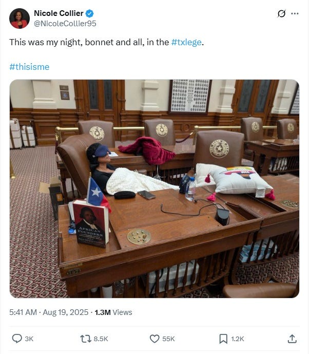 Screenshot of tweet by Nicole Collier, August 19, 2025, with photo of her sleeping at her dest, a travel sleep mask over her eyes, her feet up on another legislator's chair, and the text 'This was my night, bonnet and all, in the #txlege. #thisisme' Screenshot of tweet by Nicole Collier, August 19, 2025, with photo of her sleeping at her dest, a travel sleep mask over her eyes, her feet up on another legislator's chair, and the text 'This was my night, bonnet and all, in the #txlege. #thisisme'
