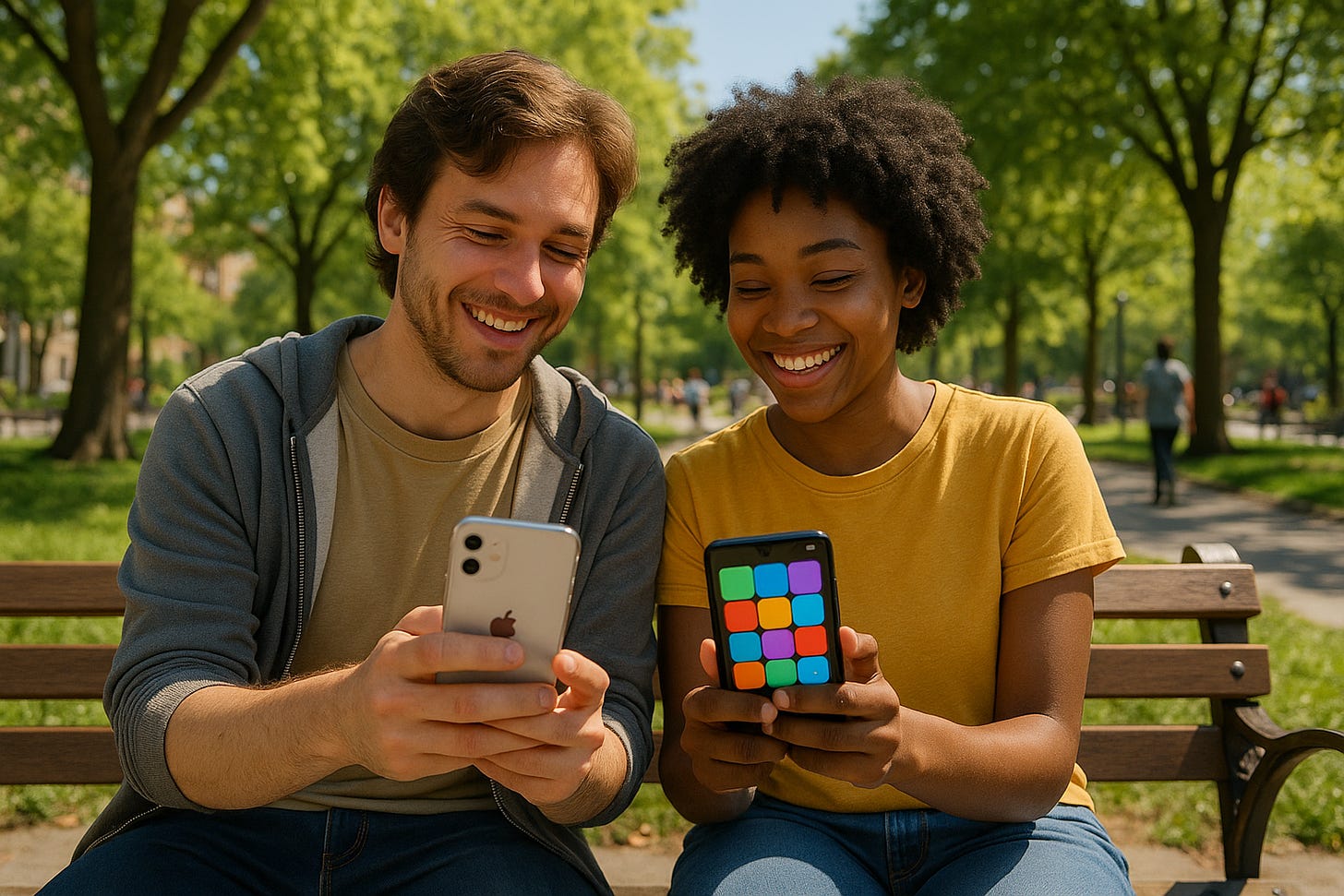 Two friends on park bench using iPhone and Android with matching colorful apps, smiling together. Two friends on park bench using iPhone and Android with matching colorful apps, smiling together.