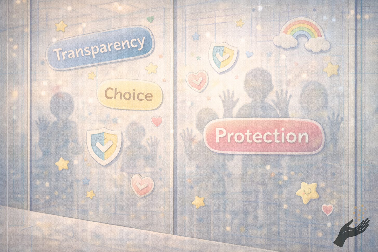 People stand behind a glass wall covered with pastel decals reading Transparency, Choice, and Protection, pressing their hands against it.