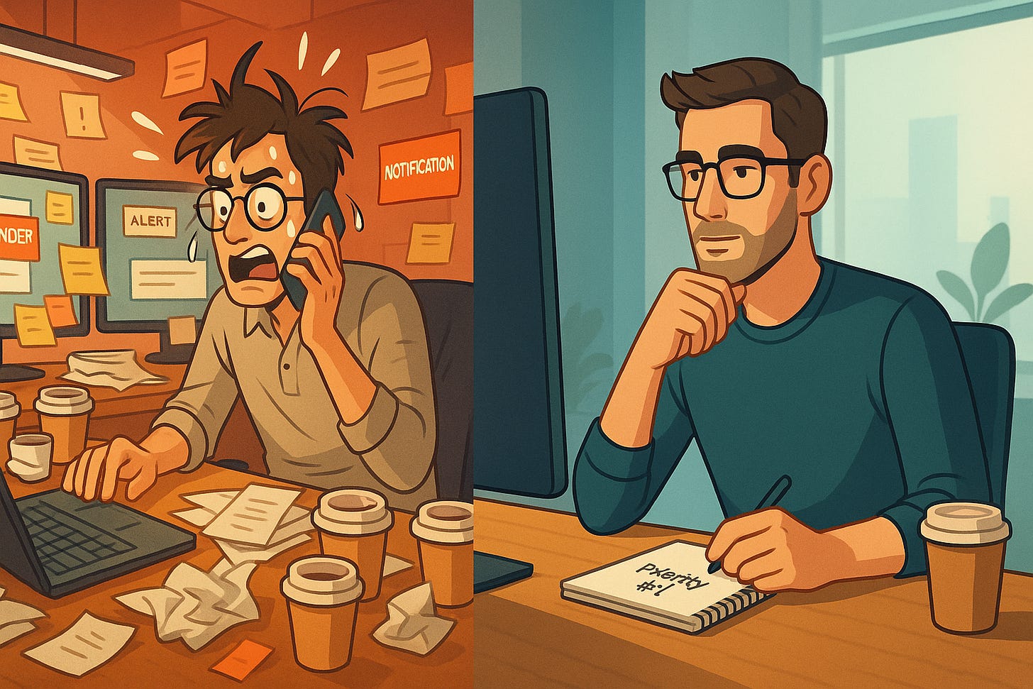 A chaos person on one side and a calm person on the other. A chaos person on one side and a calm person on the other.