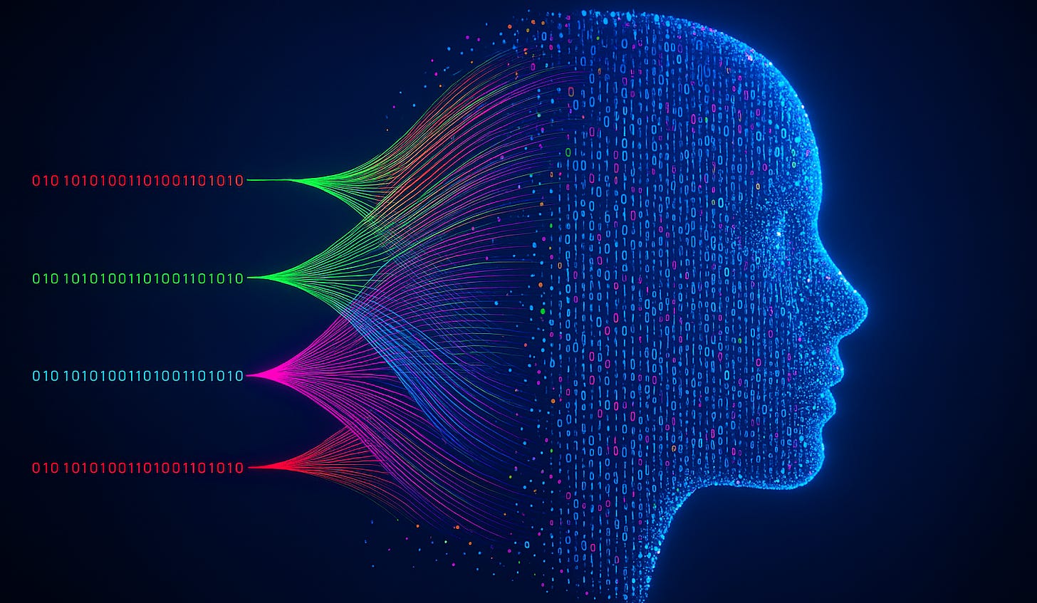 Parallel data streams expanding and forming the shape of a face seen in profile