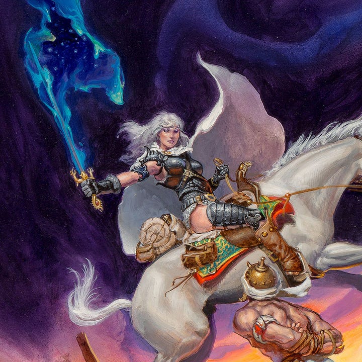 LEFT: Detail from WELL OF SHIUAN featuring a white haired Morgaine rearing back on her horse as she confronts a warrior with arms strapped behind his back. She holds out a sword with blue energy rippling along the blade as it tears a rift in the fabric of reality. RIGHT: Figure detail from WELL OF SHIUAN featuring Morgaine rearing back on her horse with her white hair cape trailing behind. She wears knee high leather boots and segmented plates of armor over her thighs. Beneath her breastplate, a chainmail shirt extends down to the saddle. The bare skin of her hip remains exposed. Her right arm is extended out a bangle on her upper arm is decorated like a demon with mouth consuming her flesh. In a gloved hand, she grips the golden grip of the sword. The quillons turn up like the talons of a creature reaching up. The pommel like a tail curling around a small ruby sphere. Blue fire dances along the blade extending out as if ripping reality to expose stars beneath.