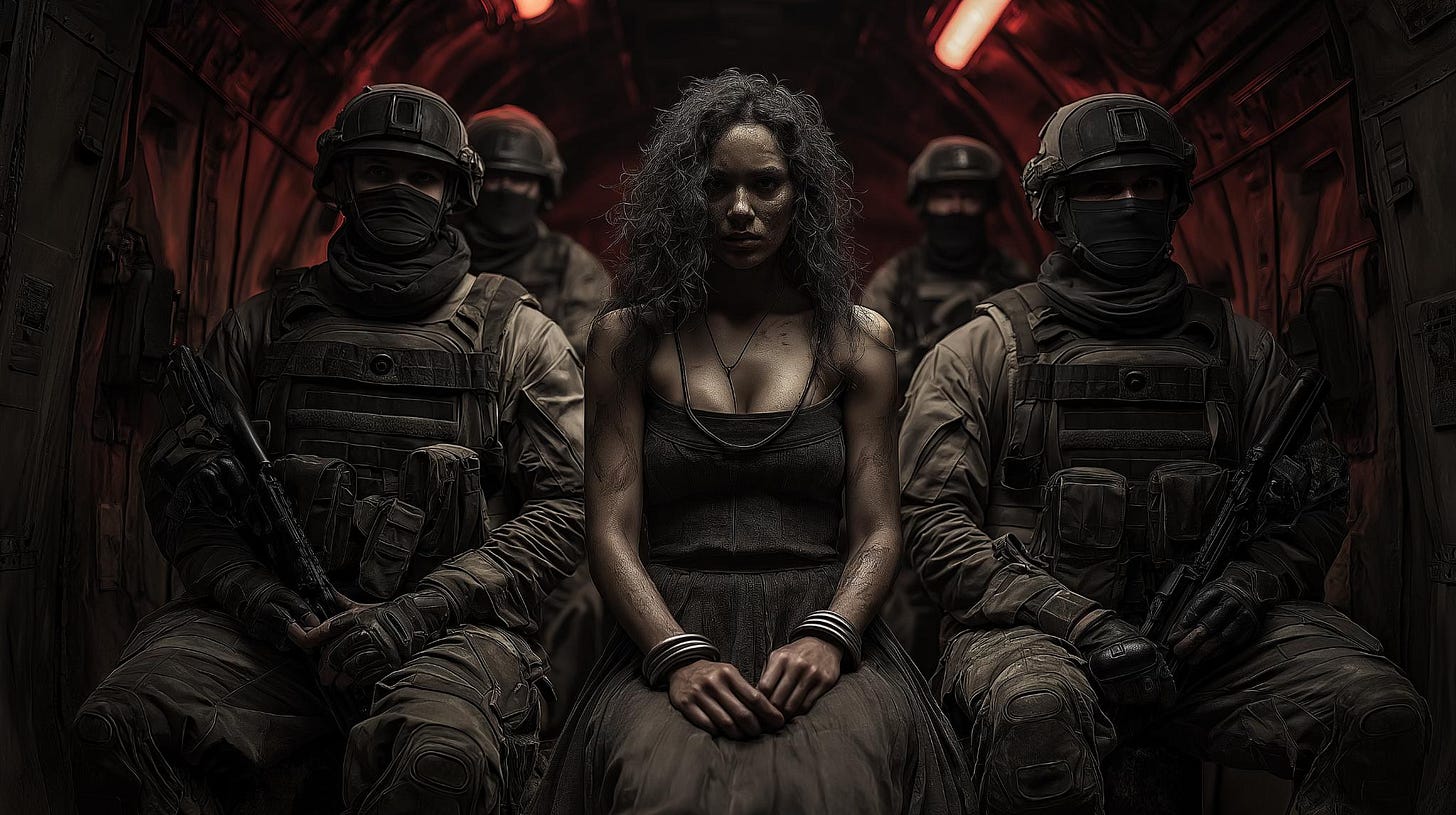 A shackled woman sits in the center of a dimly lit military transport aircraft, flanked by armed soldiers in tactical gear under red emergency lighting.