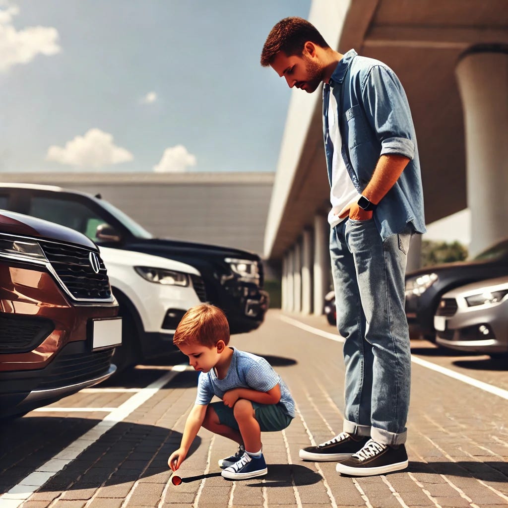 A father and his young son standing in a modern parking lot, with the son bending down to pick up a shiny penny. The father looks on, caught between mild frustration and reflection. The parked cars are contemporary, featuring sleek designs and bright colors. Both the father and son are dressed in modern casual clothes, with the father in jeans and a T-shirt and the boy in shorts and sneakers. The background is a sunny day with a blue sky, and the shiny penny on the pavement symbolizes something small but significant, creating a warm, reflective atmosphere.