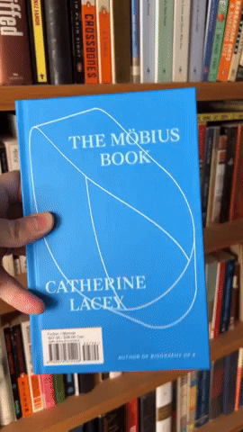 The cover is the same on both sides. It is blue with a mobius strip and text with the title and author's name