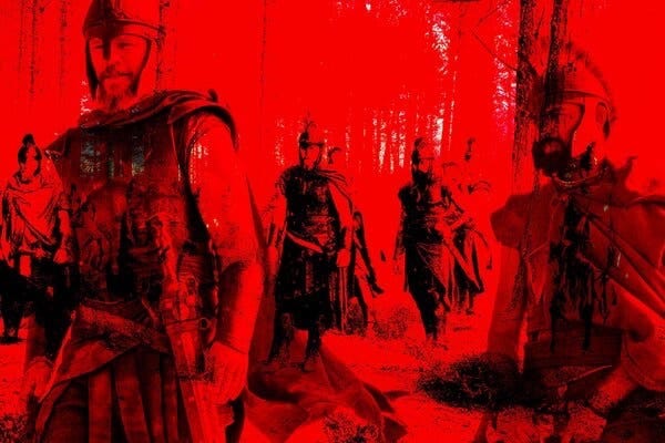 A photo illustration of Greek soldiers against a red overlay.