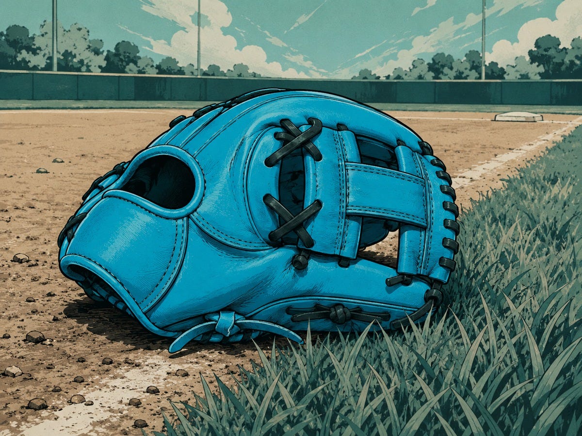 A bright blue infielder’s baseball glove with dark stitching rests prominently on the edge of a baseball diamond, surrounded by dirt, grass, and soft graphic-novel-style scenery. A bright blue infielder’s baseball glove with dark stitching rests prominently on the edge of a baseball diamond, surrounded by dirt, grass, and soft graphic-novel-style scenery.