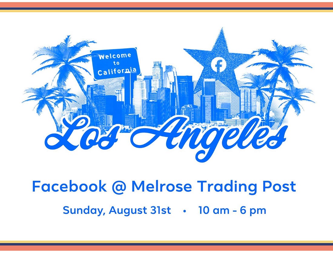 Graphic with a scene of a city in the background. Los Angeles. Facebook @ Melrose Trading Post. Even is Sunday, August 31st from 10am to 6pm
