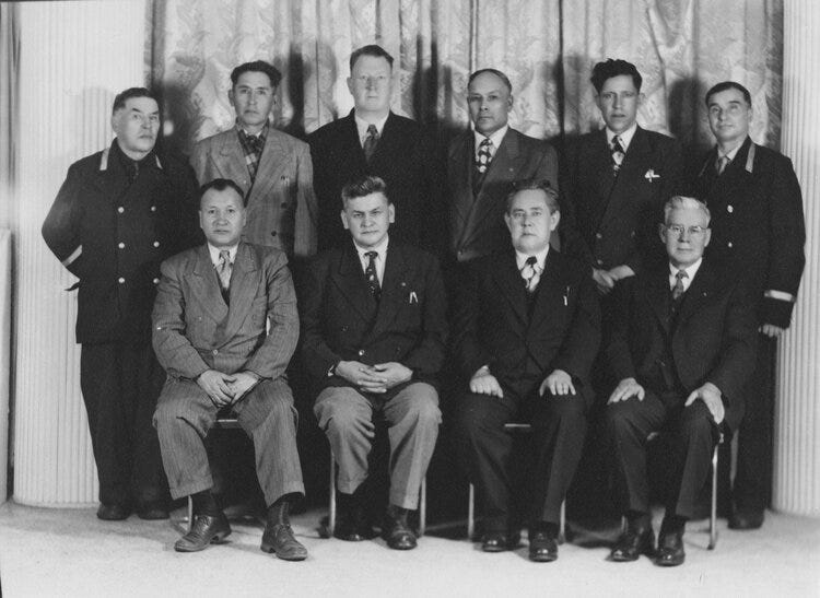 Andy Paull became a well-known leader working with other Indigenous leaders but started much of his career on work amongst his own Squamish People. Image of First Indian Advisory Committee Front row: Unknown, Andy Paull, Bill Scow, Rev. Peter Kelly. Back row: Unknown, Unknown, C.W. Cates, Unknown, Unknown, Unknown.   Photo Credit: MONOVA: Archives of North Vancouver, NVMA #2191.