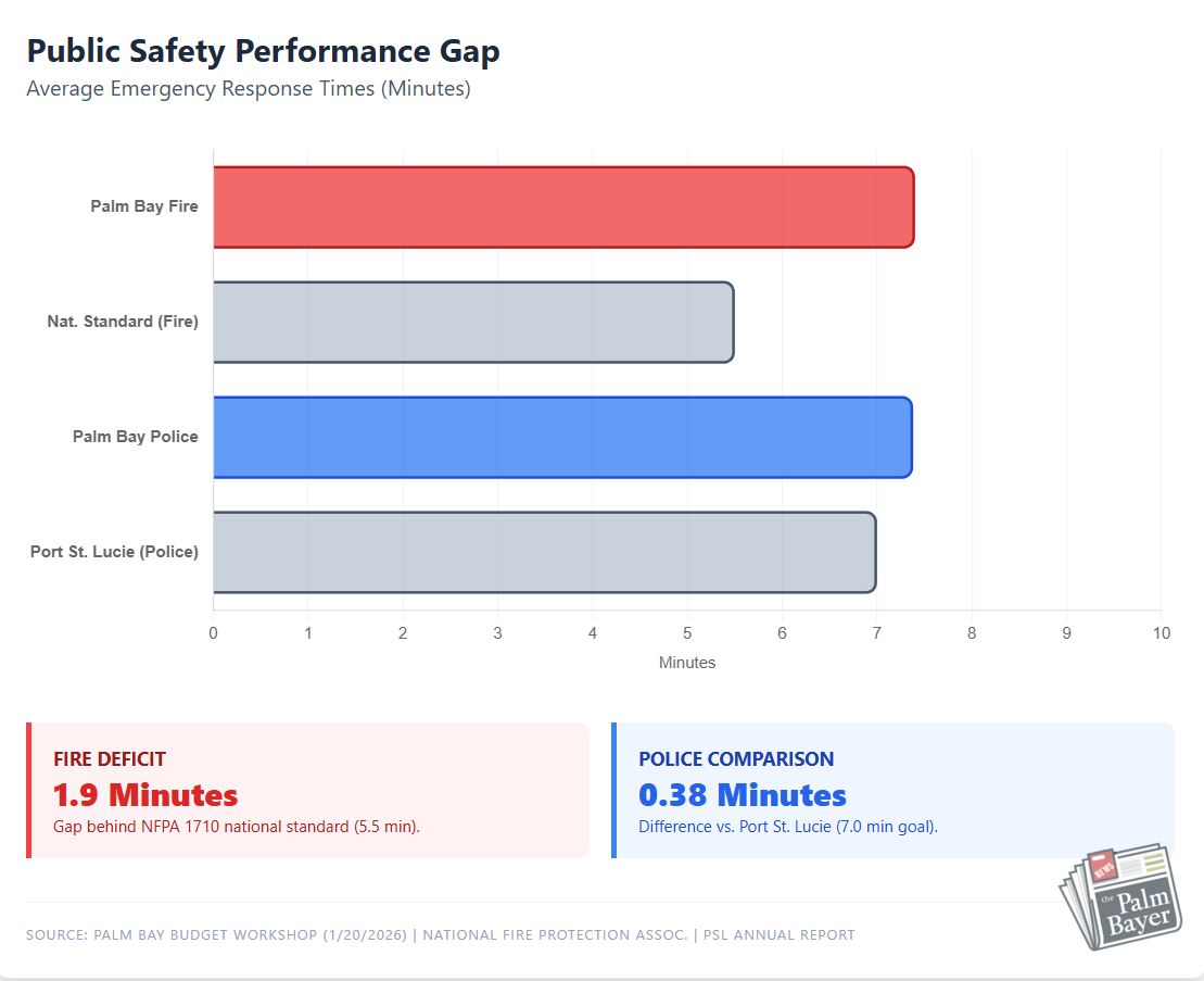 Bar chart comparing Palm Bay emergency response times to national standards, showing fire response at 7.4 minutes versus 5.5-minute standard, and police response at 7.38 minutes compared to Port St. Lucie's 7 minutes Bar chart comparing Palm Bay emergency response times to national standards, showing fire response at 7.4 minutes versus 5.5-minute standard, and police response at 7.38 minutes compared to Port St. Lucie's 7 minutes