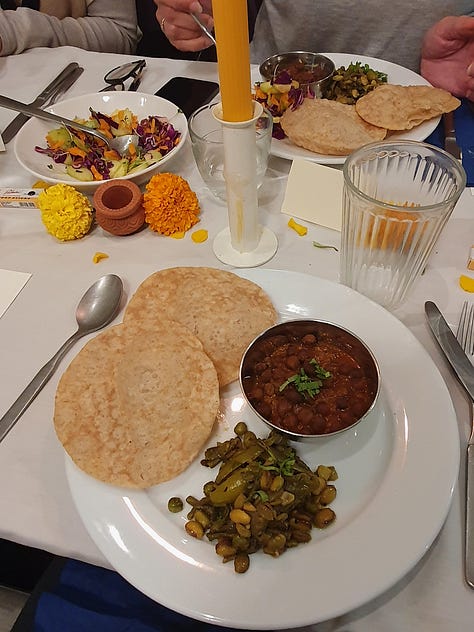Three images side by side. The first is of a tray of canapes, the second a woman looking straight at the camera and smiling, the third a plate of curries with two freshly cooked puri.