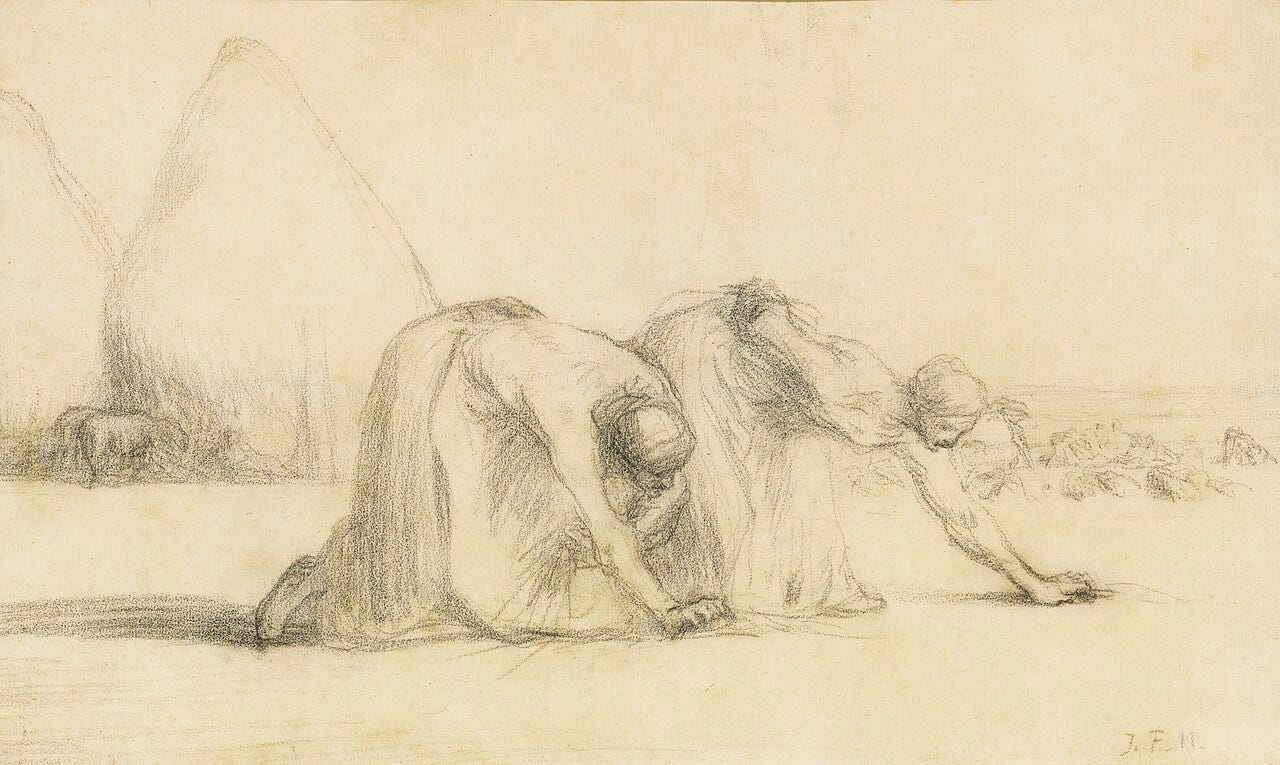 Study for The Gleaners, Jean Francois Millet, preparatory drawing of three women bending to glean Study for The Gleaners, Jean Francois Millet, preparatory drawing of three women bending to glean