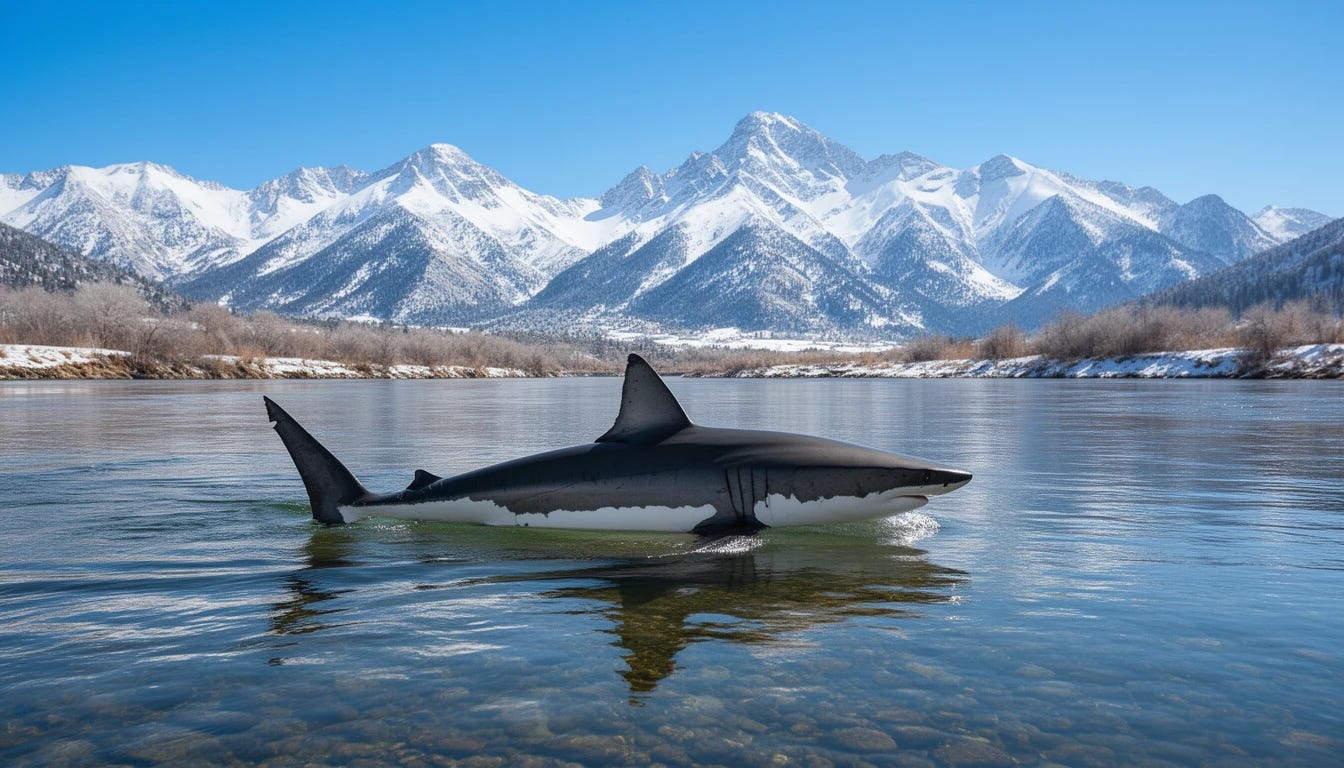 great white shark swimming in Arkansas River in Colorado with mountains in the background that are snowcapped