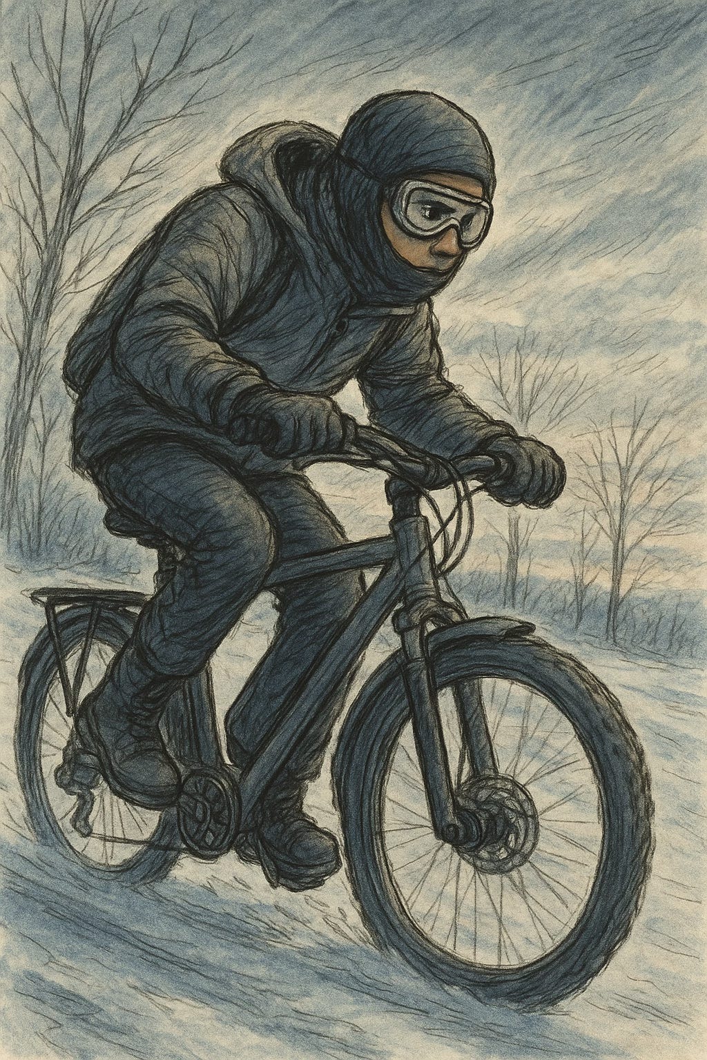 Hero riding electric bike in winter on the way to the driving test. Image Generated by ChatGPT.