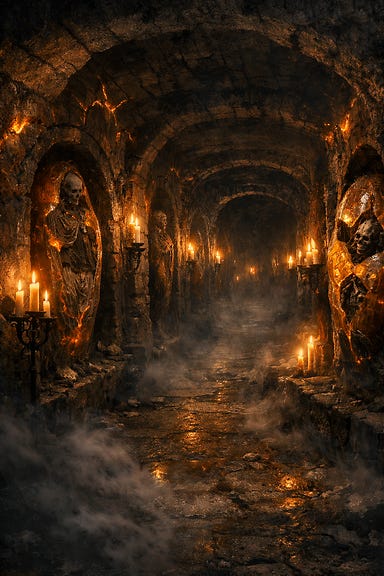 Amber Temple catacombs beneath the overlook, ancient stone corridor lined with amber husks and flickering candles, mist and shadows, gothic Barovian atmosphere, fractured amber glowing faintly Amber Temple catacombs beneath the overlook, ancient stone corridor lined with amber husks and flickering candles, mist and shadows, gothic Barovian atmosphere, fractured amber glowing faintly