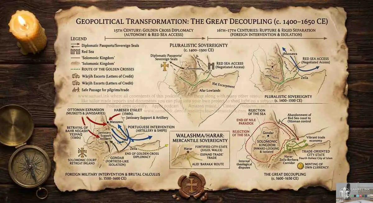 A sprawling, archival document on weathered parchment titled "GEOPOLITICAL TRANSFORMATION: THE GREAT DECOUPLING (c. 1400–1650 CE)." The map is divided into three distinct chronological phases. The first phase shows "Pluralistic Sovereignty" with green dotted lines for the "Route of the Golden Crosses" connecting the highlands to the Red Sea. The second phase, "Foreign Military Intervention," depicts red arrows for "Ottoman Expansion" and blue arrows for "Portuguese Intervention" clashing at the coast. The final phase, "The Great Decoupling," shows an isolated, red-circled "Solomonic Kingdom" centered on Gondar, contrasted with a vibrant, green-coded "Harar-Zeila-Berbera Corridor" and the "Jugol Walls" of Harar. The map includes icons of a Golden Cross, a compass, and a minted coin. A faded watermark for www.samael.ink and various podcast platforms covers the center. A sprawling, archival document on weathered parchment titled "GEOPOLITICAL TRANSFORMATION: THE GREAT DECOUPLING (c. 1400–1650 CE)." The map is divided into three distinct chronological phases. The first phase shows "Pluralistic Sovereignty" with green dotted lines for the "Route of the Golden Crosses" connecting the highlands to the Red Sea. The second phase, "Foreign Military Intervention," depicts red arrows for "Ottoman Expansion" and blue arrows for "Portuguese Intervention" clashing at the coast. The final phase, "The Great Decoupling," shows an isolated, red-circled "Solomonic Kingdom" centered on Gondar, contrasted with a vibrant, green-coded "Harar-Zeila-Berbera Corridor" and the "Jugol Walls" of Harar. The map includes icons of a Golden Cross, a compass, and a minted coin. A faded watermark for www.samael.ink and various podcast platforms covers the center.