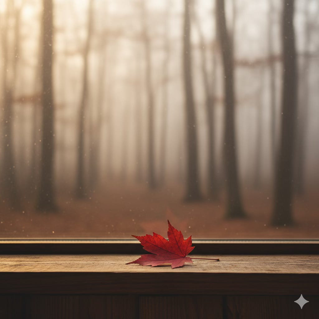 A single, bright red maple leaf sits on a warm wooden windowsill. Beyond the window, a soft focus autumn forest with many trees is obscured by a gentle fog.