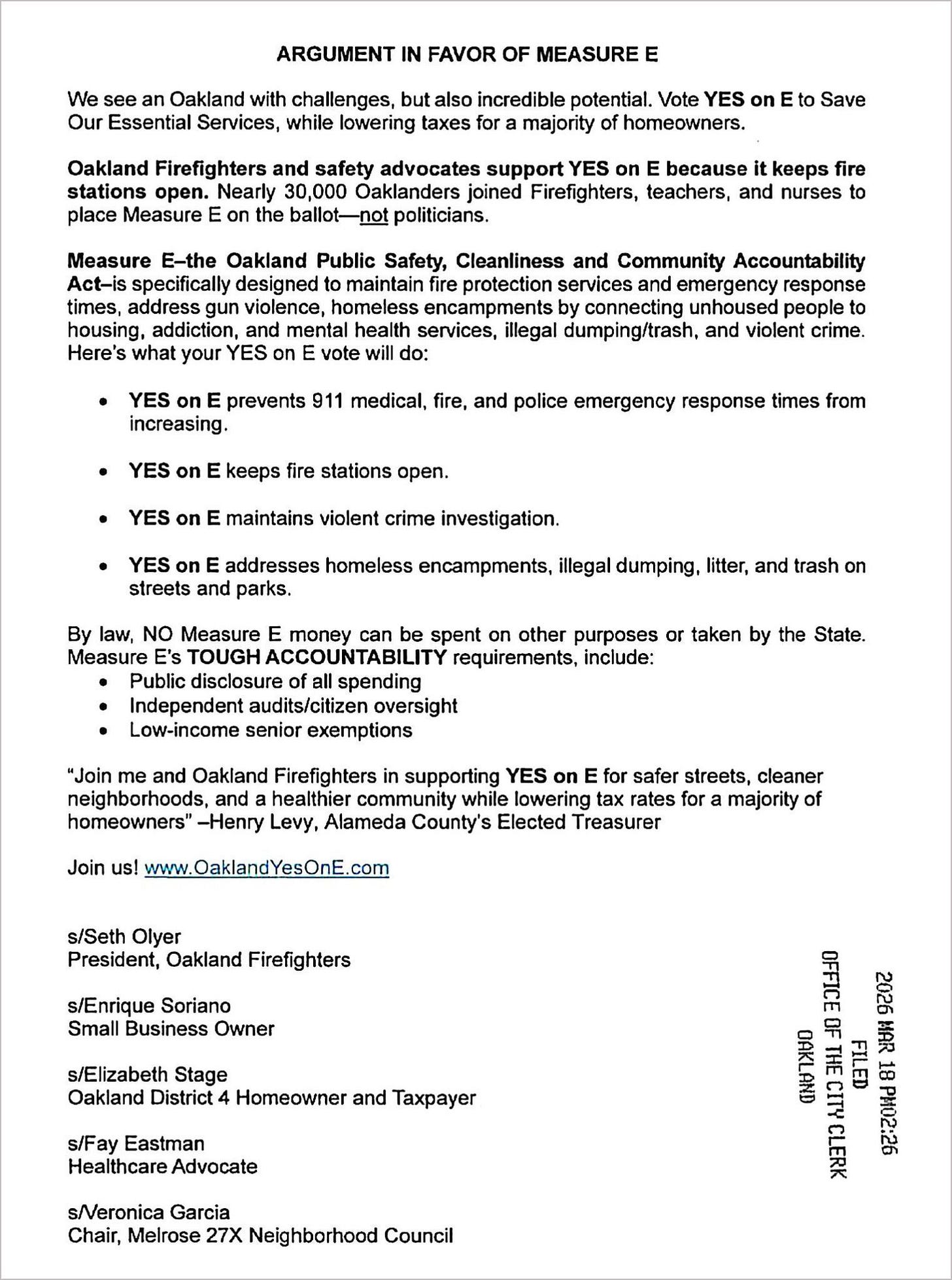 Figure 1. Argument in favor of Measure E, threatening to close fire stations and other service cuts if the measure was not approved by voters. Filed in the Office of the City Clerk on Mar. 18, 2026. (Source: City of Oakland) Figure 1. Argument in favor of Measure E, threatening to close fire stations and other service cuts if the measure was not approved by voters. Filed in the Office of the City Clerk on Mar. 18, 2026. (Source: City of Oakland)
