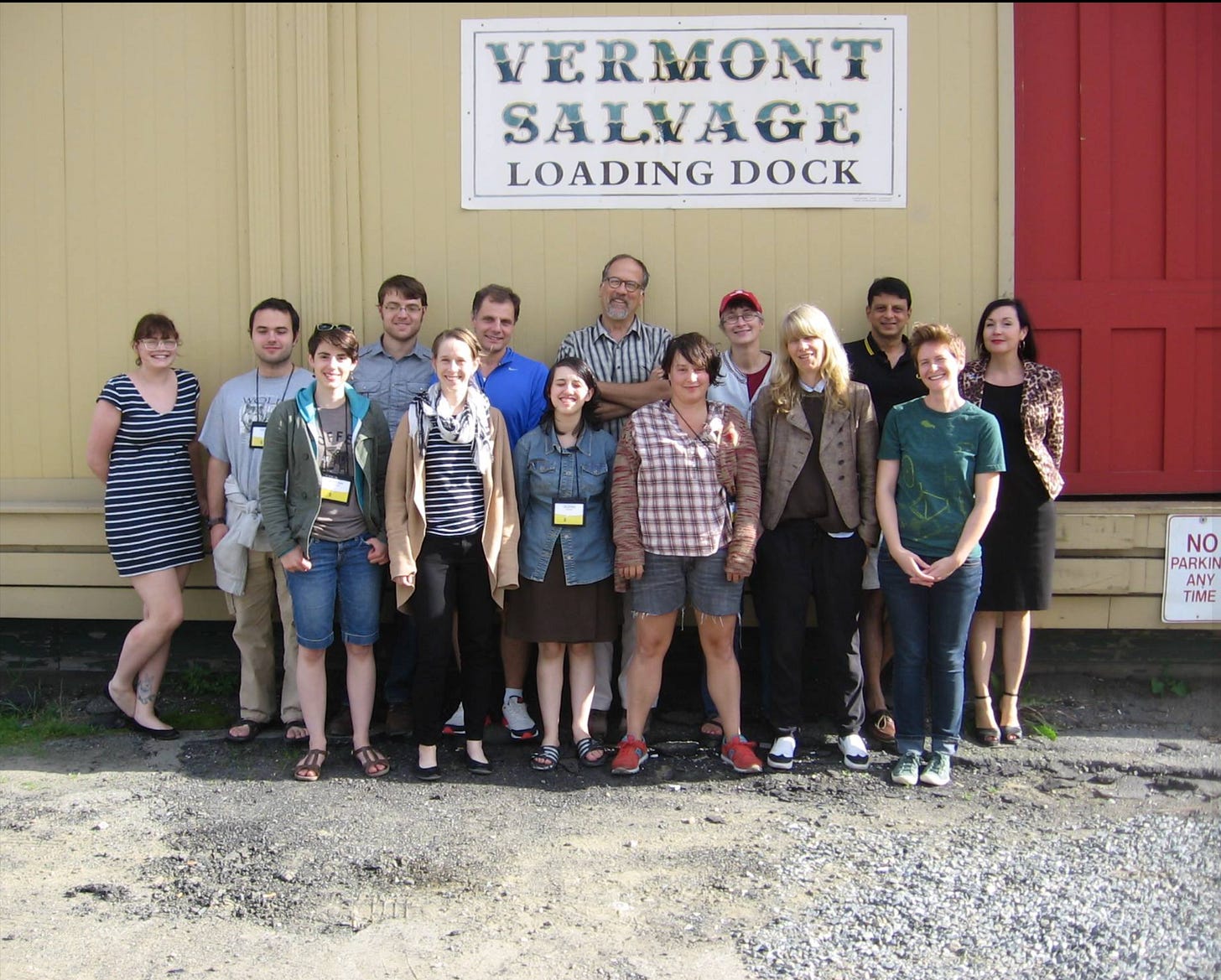 Graphic novelist K. Woodman-Maynard poses for a group photo with cartoonist and educator Paul Karasik’s class. 