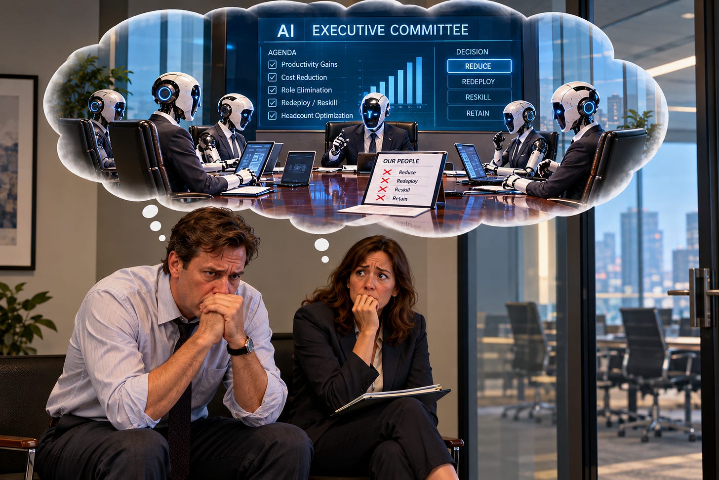 Two younger, worried employees sitting away from the table. In the shared thought bubble above them, AI executives sit around the boardroom table deciding “reduce, redeploy, reskill, retain.”