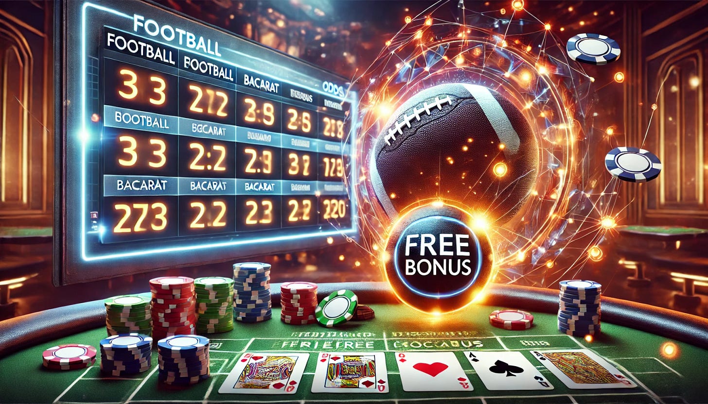 A visually compelling cover image for an article about football odds and using free credit bonuses in baccarat. The image features a digital sportsbook screen displaying football betting odds with glowing numbers, symbolizing sports betting. On the other side, a baccarat table with poker chips, playing cards, and a glowing 'Free Bonus' icon, highlighting the concept of utilizing free credits for profit. The background is a sleek and modern casino environment with vibrant lighting, emphasizing the excitement of risk-free betting on a direct baccarat platform.