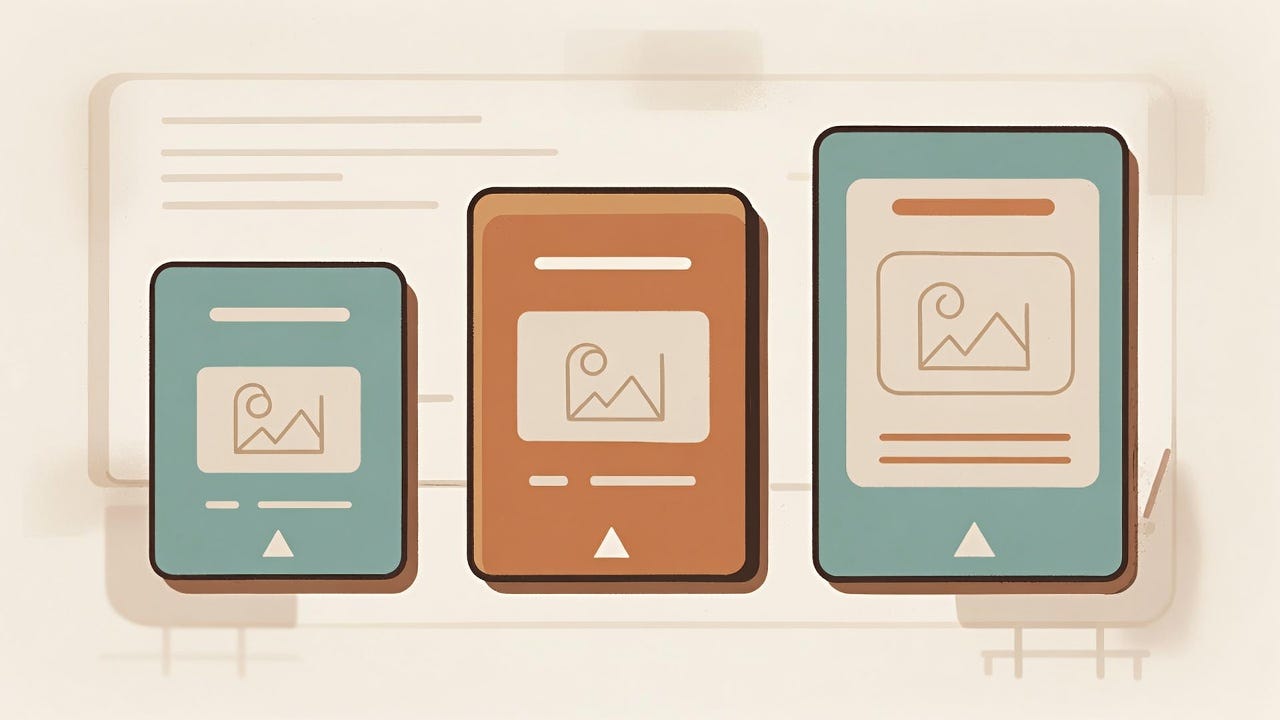 A clean, minimalist flat-design illustration for an English language teaching blog. Three simple labelled cards or signposts of slightly different sizes arranged left to right, suggesting a hierarchy or distinction between three related concepts. Muted, professional colour palette: warm off-white background with two or three accent colours (soft teal, muted orange). No text on the cards beyond abstract placeholder marks. Subtle classroom or desk motif in the background, kept light and uncluttered. Editorial, modern, calm. No photorealism, no people, no stock-photo feel. A clean, minimalist flat-design illustration for an English language teaching blog. Three simple labelled cards or signposts of slightly different sizes arranged left to right, suggesting a hierarchy or distinction between three related concepts. Muted, professional colour palette: warm off-white background with two or three accent colours (soft teal, muted orange). No text on the cards beyond abstract placeholder marks. Subtle classroom or desk motif in the background, kept light and uncluttered. Editorial, modern, calm. No photorealism, no people, no stock-photo feel.